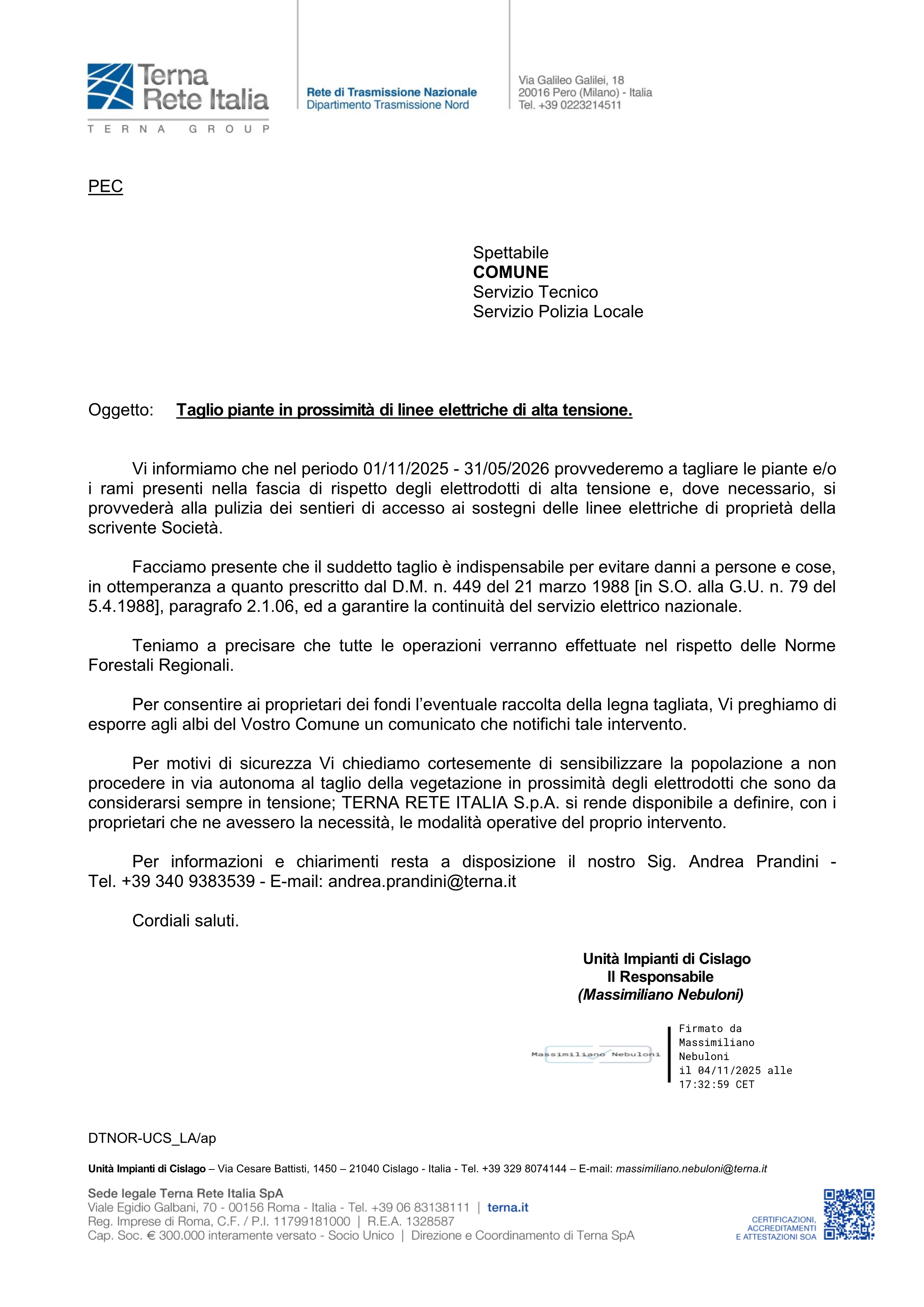 Taglio piante in prossimità di linee elettriche di alta tensione